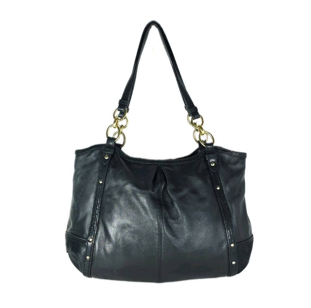 COACH Women's Alexandra Phyton Black Leather Large Gold Chain Hobo Purse Bag